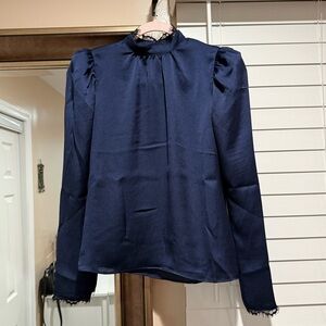 Express Puff Sleeve Lace Trim Blouse Xxs Navy Blue